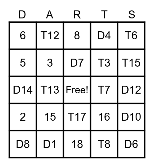 Dart Bingo Card