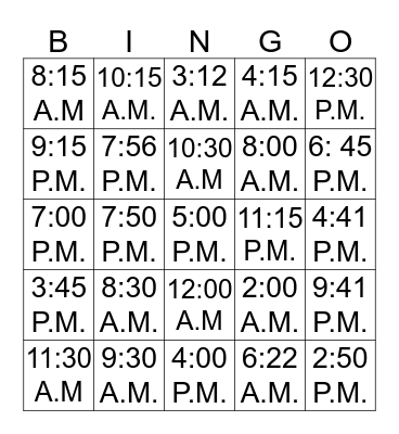 Telling Time Bingo Card