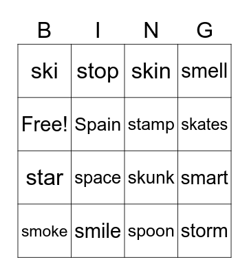 Phonics - sm st sp sk Bingo Card