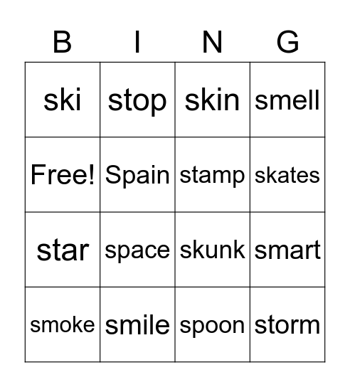 Phonics - sm st sp sk Bingo Card