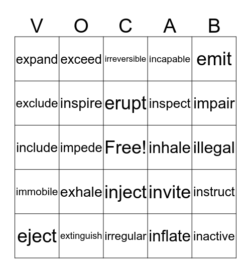 Vocabulary Bingo Card