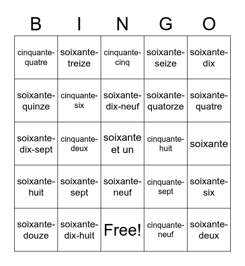 Les numéros 50 - 80 Bingo Card