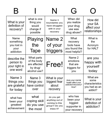 Recovery Bingo! Bingo Card
