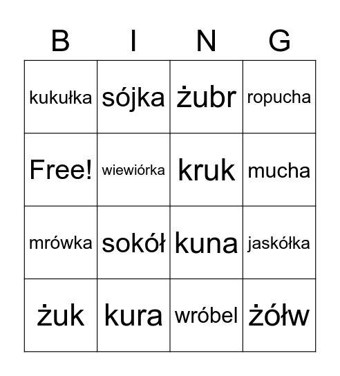 Ortograficzne bingo-zwierzaki Bingo Card
