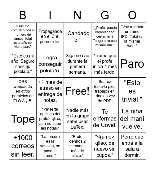 Bingo Sansano Bingo Card
