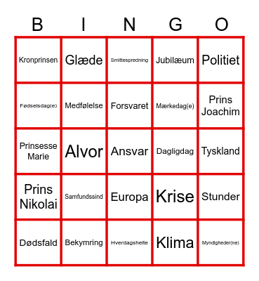 DRONNINGENS NYTÅRSBINGO Card