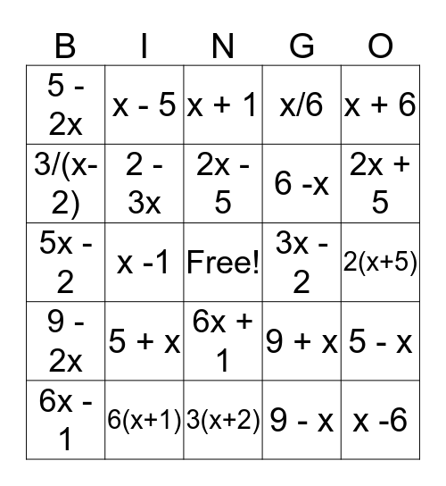 Verbal to Algebraic Bingo Card