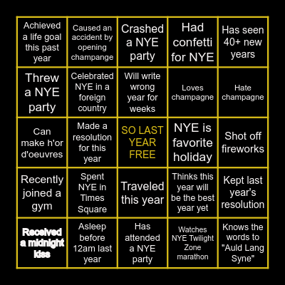 Virtual New Years Bingo Card