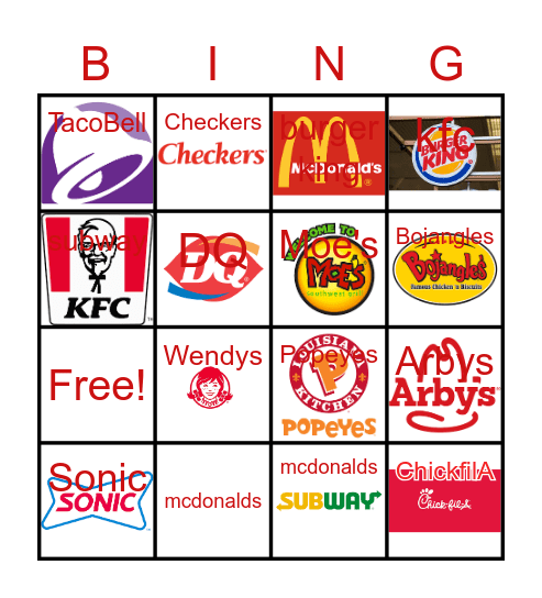 Fast Foods Bingo Card