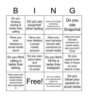 Social Media Addiction Bingo Card