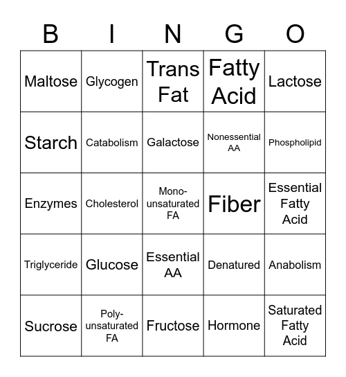 Macronutrients Bingo Card