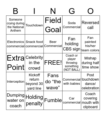 Super Bowl Bingo Card