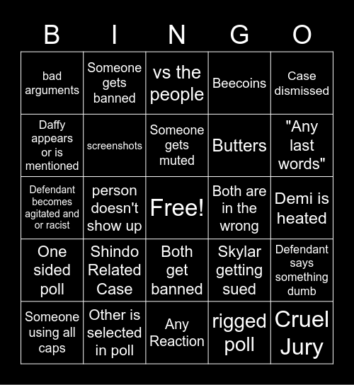 EJ Yoo Court Case Bingo Card