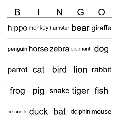 IE2      Unit 4  ANIMALS Bingo Card