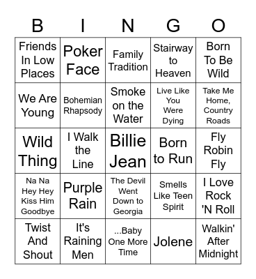 Top Pop, Rock, Country, Disco & Oldies Bingo Card