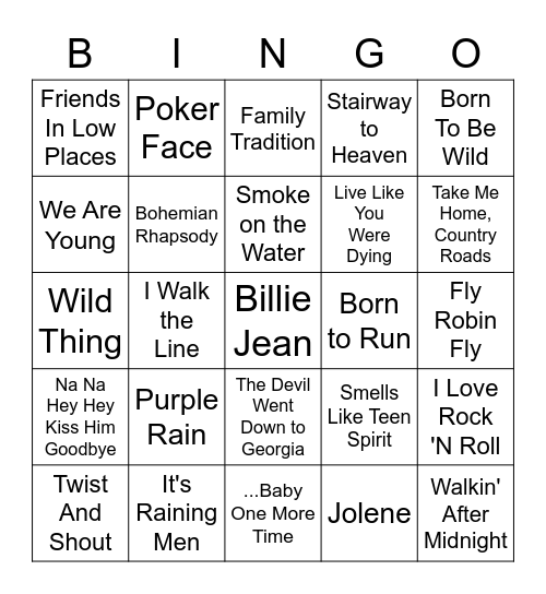Top Pop, Rock, Country, Disco & Oldies Bingo Card
