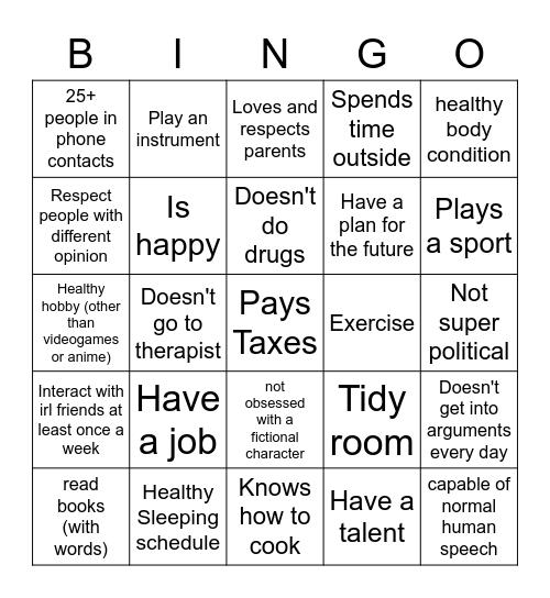Normal Human Bingo Card
