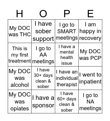 Recovery Bingo Card