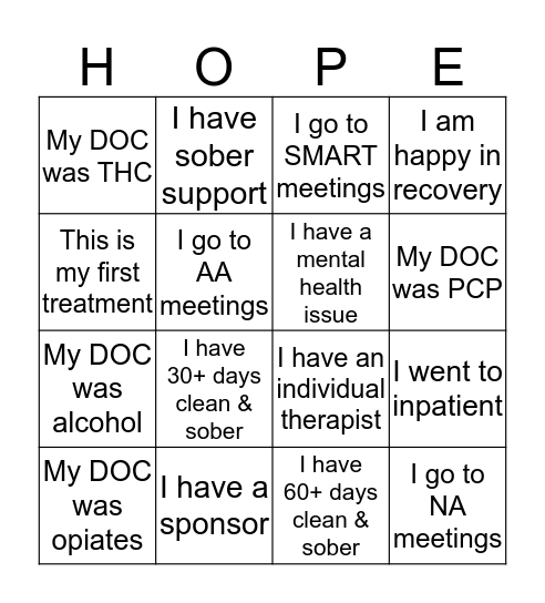 Recovery Bingo Card