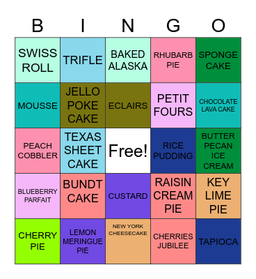 Dessert Bingo Card