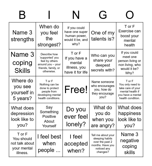 Mental Health Bingo . Bingo Card
