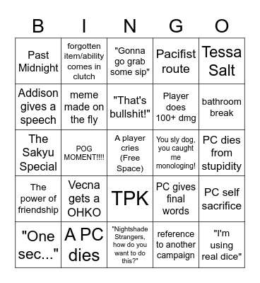 End of Aether Bingo Card