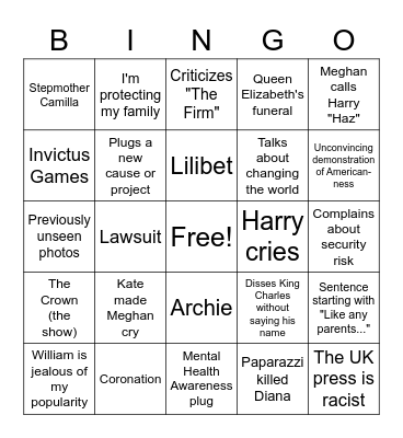 Harry & Meghan Interview Bingo Card