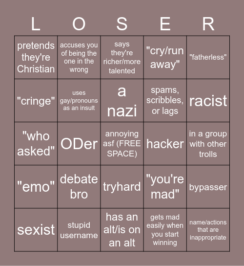 stupid roblox troll bingo Card
