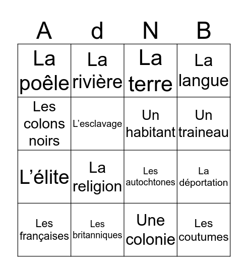 Amérique du Nord britannique Bingo Card