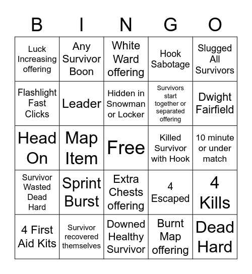 Dead By Daylight Killer Bingo Card