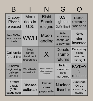 2023 World Events Bingo Card