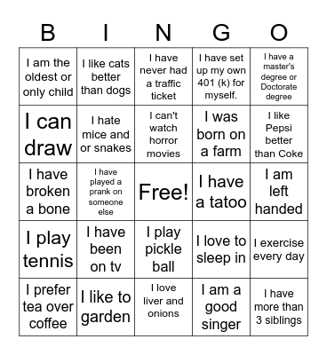 Get To Know You Bingo Card