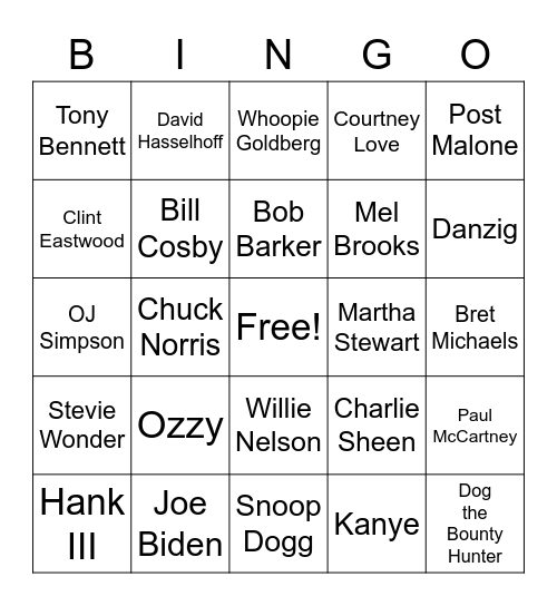 Celebrity Death Bingo Card