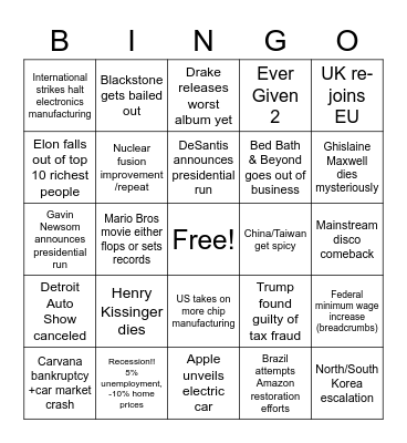 2023 Bingo (12/30/2022) Bingo Card