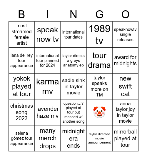 Taylor Bingo Card