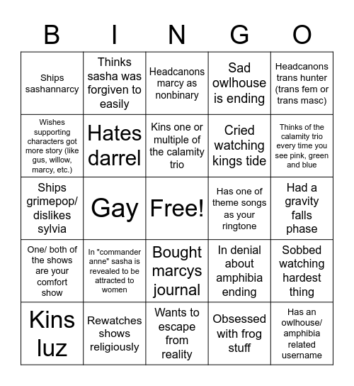 Amphibia Bingo Card