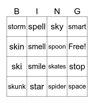 Phonics- sm st sp sk Bingo Card