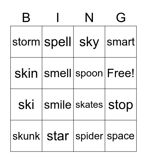 Phonics- sm st sp sk Bingo Card