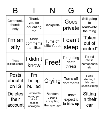 BookTok Apologies Bingo Card