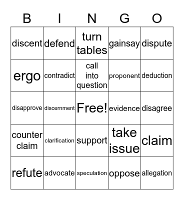 Great Discussion Vocabulary Bingo Card