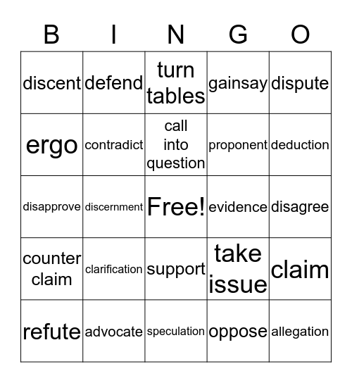 Great Discussion Vocabulary Bingo Card