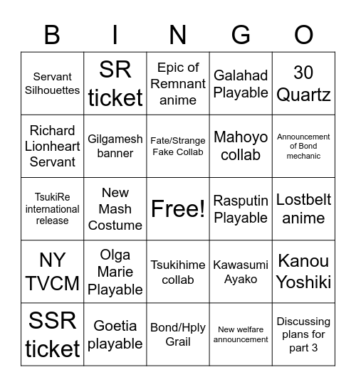 FGO 2023 JP NEW YEAR Bingo Card