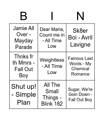 Poppunk Bingo Card