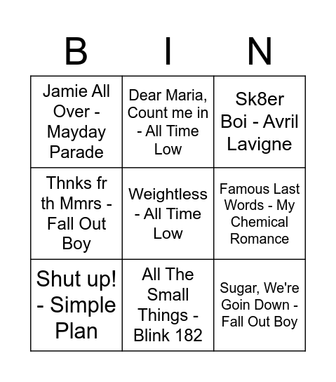 Poppunk Bingo Card