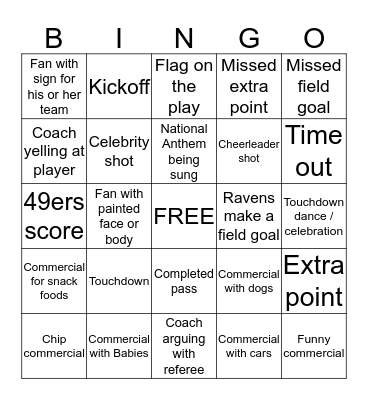 Super Bowl Bingo (Kids) Bingo Card