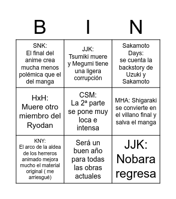 Predicciones animanga 2023 Bingo Card
