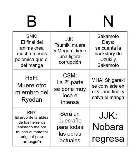 Predicciones animanga 2023 Bingo Card