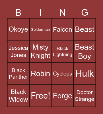 Superhero Characters Bingo Card