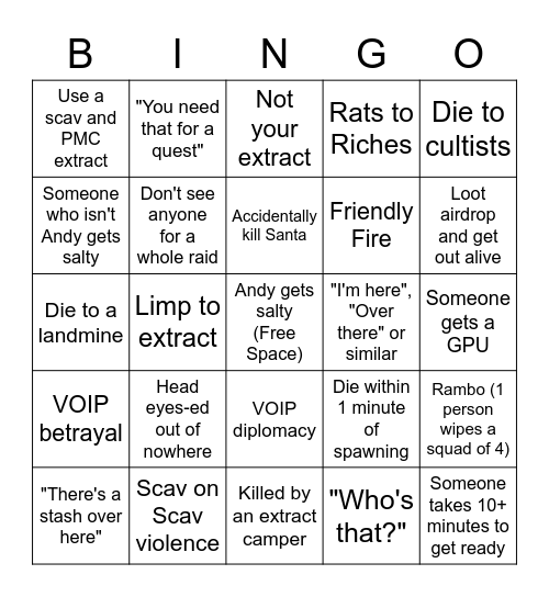 Tarkov Bingo Card