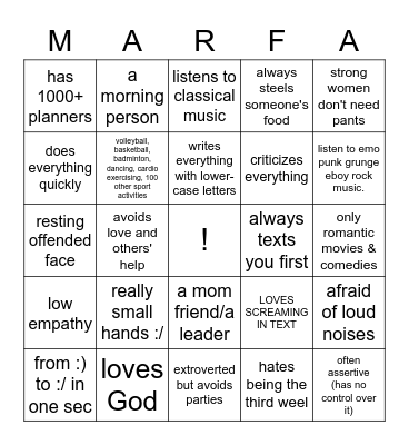marfa kinlist Bingo Card